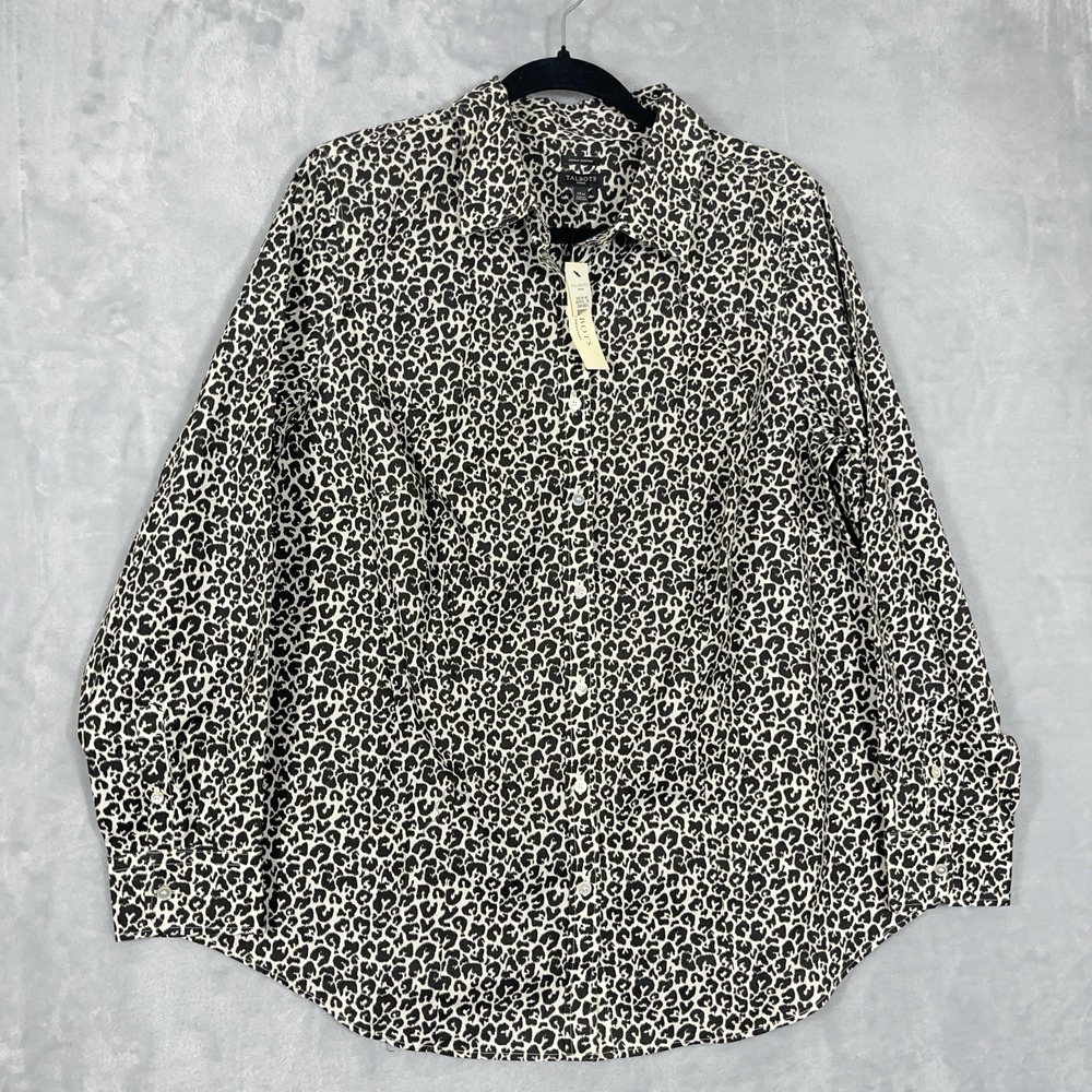 Talbots Animal Print Button Shirt Cream Black Classic Career Casual Top 14W